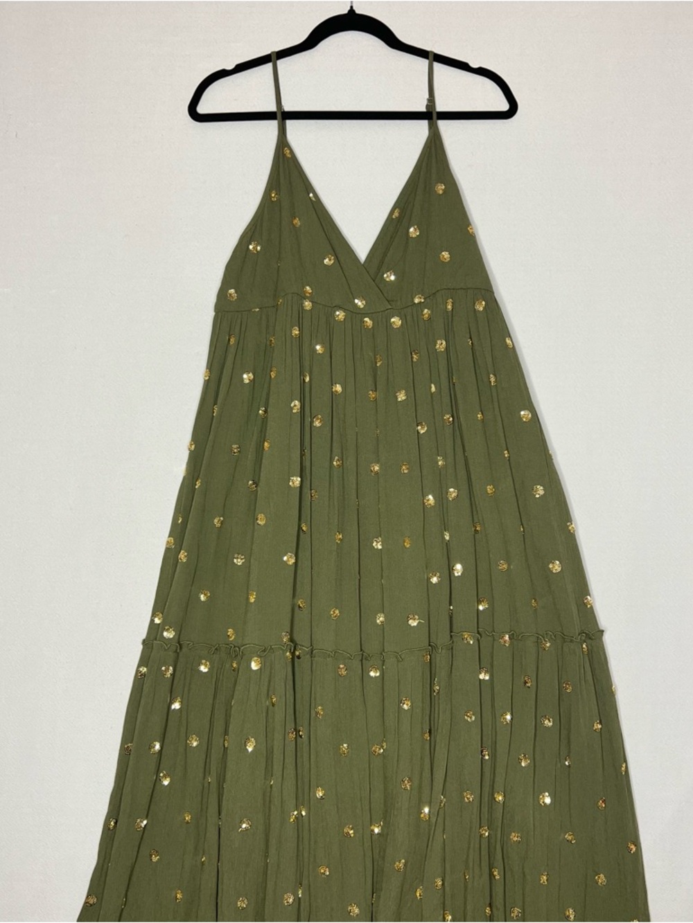 Siya Olive Green Maxi Spaghetti Strap Gold Sequin Women’s Long Dress Free Size